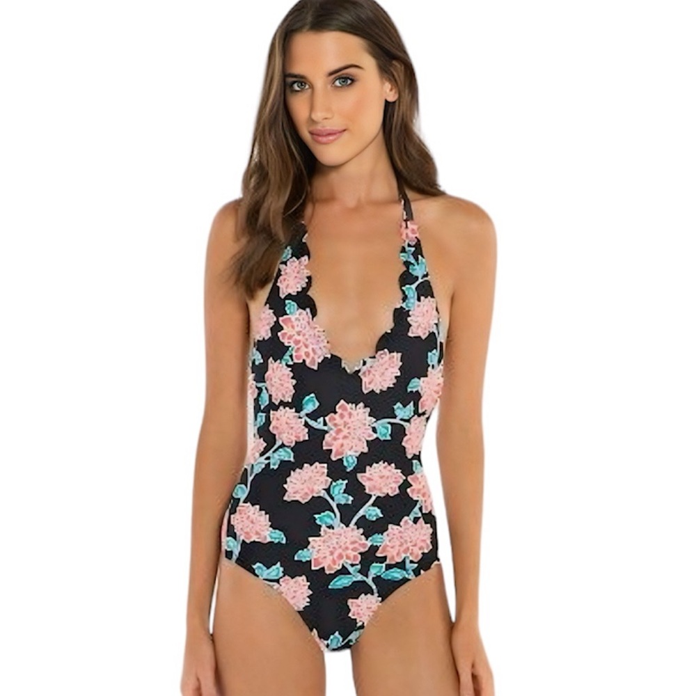 Vanilla/Beach Floral Scalloped Trim Plunge Low Back One Piece Swimsuit